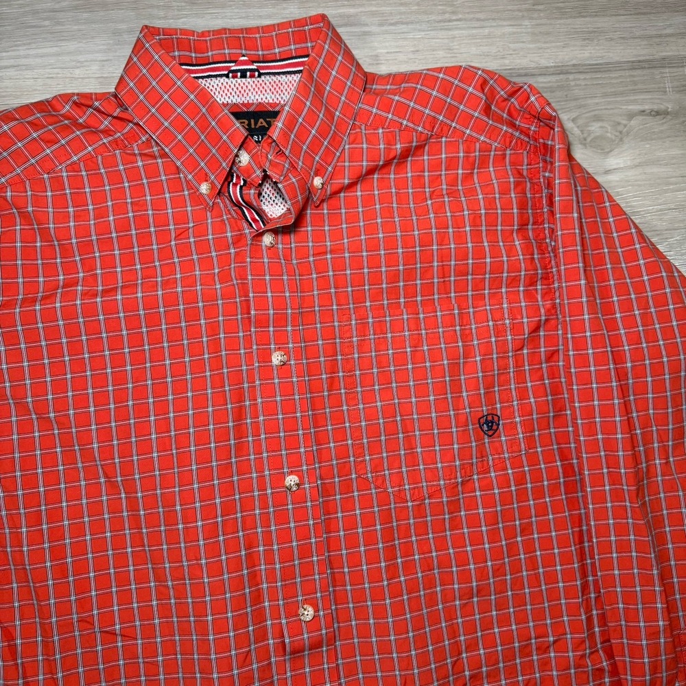 Ariat Pro Series Shirt Mens Medium Orange Plaid Vented Fishing Hiking LS Work